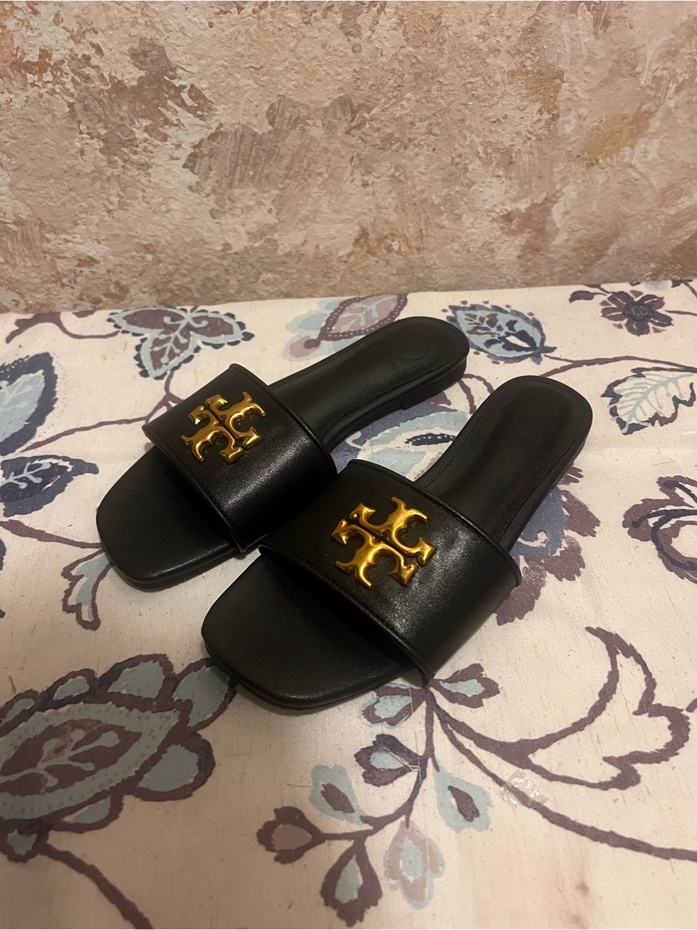 Tory Burch Black Leather Slide Sandals with Gold Logo